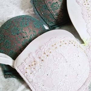 Lace Embellished Bras in Green and Pink